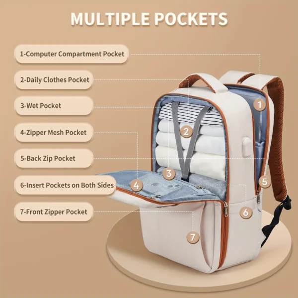 Carry On Backpack Fits 15.6″ Laptop, Airline Approved Travel Backpack, Beige - Image 2